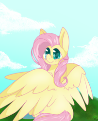 Size: 1000x1240 | Tagged: safe, artist:pagophasia, derpibooru exclusive, fluttershy, pegasus, pony, g4, cloud, colored hooves, cute, cutie mark eyes, day, eye reflection, female, grass, impossibly long eyelashes, looking at you, looking back, looking back at you, reflection, shyabetes, sitting, smiling, solo, unshorn fetlocks, wingding eyes, wings