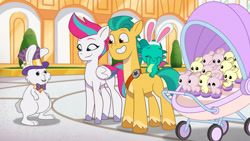 Size: 3072x1727 | Tagged: safe, screencap, eggmund bunny, hitch trailblazer, sparky sparkeroni, zipp storm, dragon, earth pony, pegasus, pony, rabbit, g5, my little pony: tell your tale, the hunt for eggmund bunny, spoiler:g5, spoiler:my little pony: tell your tale, spoiler:tyts01e48, animal, baby, baby dragon, baby rabbit, cute, eyes closed, female, grin, male, mare, smiling, sparkybetes, stallion