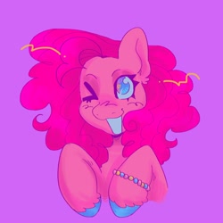 Size: 2000x2000 | Tagged: safe, artist:mothbongwater, pinkie pie, earth pony, pony, g4, female, high res, one eye closed, purple background, simple background, solo, wink