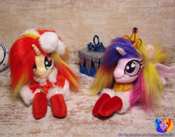 Size: 2937x2304 | Tagged: safe, artist:1stastrastudio, princess cadance, sunset shimmer, pony, g4, christmas, crown, hat, high res, holiday, irl, jewelry, photo, plushie, regalia, santa hat