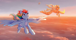 Size: 2625x1403 | Tagged: safe, artist:kidaoriginal, applejack, rainbow dash, pegasus, pony, g4, applejack's hat, chest fluff, cloud, cowboy hat, duo, duo female, female, flapplejack, flying, hat, looking at someone, mare, open mouth, open smile, pale belly, race swap, sky, smiling, spread wings, sunset, windswept mane, wings