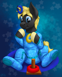 Size: 2021x2500 | Tagged: safe, artist:wittleskaj, oc, oc:sunmane, pony, unicorn, baby, baby pony, clothes, colt, confused, diaper, foal, footed sleeper, footie pajamas, high res, horn, male, onesie, pajamas, puzzled, toy, unicorn oc