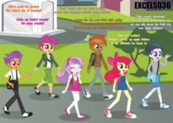 Size: 1105x782 | Tagged: safe, artist:excelso36, apple bloom, button mash, rumble, scootaloo, sweetie belle, tender taps, human, equestria girls, g4, canterlot high, casual, clothes, commission, converse, dialogue, equestria girls-ified, female, hat, long socks, male, microskirt, miniskirt, oblivious, pleated skirt, ship:rumbloo, ship:sweetiemash, shipping, shoes, skirt, socks, straight, suspenders, tenderbloom, thigh highs, thigh socks, umbrella, walking