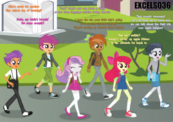 Size: 1105x782 | Tagged: safe, artist:excelso36, apple bloom, button mash, rumble, scootaloo, sweetie belle, tender taps, human, equestria girls, g4, canterlot high, casual, clothes, commission, converse, dialogue, equestria girls-ified, female, hat, long socks, male, microskirt, miniskirt, oblivious, pants, pleated skirt, propeller hat, ship:rumbloo, ship:sweetiemash, ship:tenderbloom, shipping, shoes, skinny, skirt, socks, straight, suspenders, thigh highs, thigh socks, thin, umbrella, walking