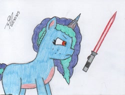 Size: 815x620 | Tagged: safe, artist:alejandrogmj, misty brightdawn, pony, unicorn, g5, corrupted, dark jedi, dark side, lightsaber, red eyes, simple background, sith, star wars, traditional art, weapon, white background