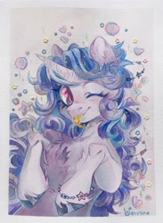 Size: 2858x3915 | Tagged: safe, artist:eiirine, izzy moonbow, pony, unicorn, g5, :p, bracelet, bubble, bust, chest fluff, curly mane, cute, ear fluff, female, fluffy mane, glitter, heart, high res, hooves, jewelry, looking at you, mare, one eye closed, portrait, shiny, smiling, smiling at you, solo, stars, tongue out, traditional art, watercolor painting, wink, winking at you