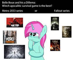 Size: 2200x1800 | Tagged: safe, artist:amateur-draw, oc, oc only, oc:belle boue, pony, unicorn, bipedal, choosing, dilemma, fallout, fallout 3, fallout 4, fallout: new vegas, game, male, metro 2033, misspelling, solo, stallion, thinking