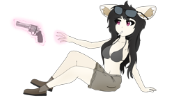 Size: 3840x2160 | Tagged: safe, artist:straighttothepointstudio, oc, oc only, earth pony, anthro, g5, 4k, aiming, anime, anthro oc, black hair, boots, bra, candy, clothes, digital art, ear fluff, earth pony oc, eyebrows, eyebrows visible through hair, female, food, glasses, glowing, gun, handgun, high res, human facial structure, levitation, lollipop, long hair, magic, magic aura, pistol, revolver, shoes, shorts, simple background, solo, telekinesis, transparent background, weapon
