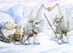 Size: 1517x1100 | Tagged: safe, artist:maytee, oc, oc only, changeling, insect, moth, mothling, original species, armor, bone, changeling oc, colored pencil drawing, duo, fluffy, holeless, horse collar, igloo, sled, snow, snow changeling, spear, tack, traditional art, unshorn fetlocks, weapon