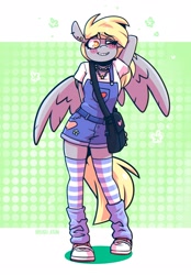 Size: 1423x2048 | Tagged: safe, artist:lrusu, derpy hooves, pegasus, anthro, bag, belt, blushing, clothes, converse, cute, derpabetes, ear piercing, earring, female, grin, jewelry, leg warmers, necklace, one eye closed, overalls, piercing, shirt, shoes, shorts, smiling, socks, solo, stockings, striped socks, t-shirt, thigh highs, wink