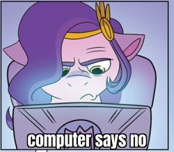 Size: 710x622 | Tagged: safe, edit, pipp petals, pegasus, pony, g5, idw, my little pony: a new generation, spoiler:comic, spoiler:g5comic, spoiler:g5comic04, caption, chair, computer, cropped, female, floppy ears, frown, headdress, image macro, laptop computer, little britain, mare, pipp petals is not amused, solo, text, unamused
