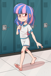 Size: 1151x1690 | Tagged: safe, artist:padoga, wind sprint, human, g4, backpack, barefoot, barefooting, clothes, commission, feet, female, humanized, lockers, school, shirt, shorts, solo, walking