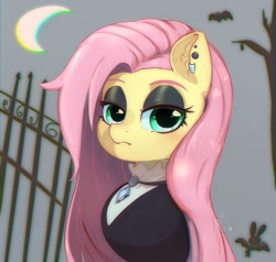 Size: 1000x952 | Tagged: safe, artist:inkypuso, fluttershy, bat, pegasus, pony, rabbit, g4, animal, crescent moon, ear piercing, earring, eyeshadow, female, fence, fluttergoth, goth, jewelry, lidded eyes, looking at you, makeup, mare, moon, night, piercing, solo