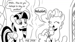 Size: 1200x675 | Tagged: safe, artist:pony-berserker, pinkie pie, twilight sparkle, alicorn, earth pony, pony, pony-berserker's twitter sketches, pony-berserker's twitter sketches (2023), g4, delusion, dialogue, duo, duo female, eyes closed, female, mare, twilight sparkle (alicorn), twilight's castle