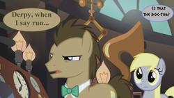 Size: 1920x1080 | Tagged: safe, edit, edited screencap, editor:korora, screencap, derpy hooves, doctor whooves, time turner, earth pony, pegasus, pony, g4, slice of life (episode), doctor who, doctor whooves' lab, female, implied dalek, male, mare, offscreen character, speech bubble, stallion, uh oh