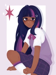Size: 768x1024 | Tagged: safe, artist:ms_arts_649, twilight sparkle, human, g4, clothes, dark skin, female, glasses, hairpin, humanized, school uniform, solo
