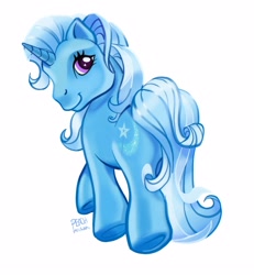 Size: 2307x2500 | Tagged: safe, artist:peachmichea, trixie, pony, unicorn, g3, g4, female, g4 to g3, generation leap, high res, looking at you, looking back, looking back at you, mare, rear view, signature, simple background, smiling, smiling at you, solo, trotting, white background