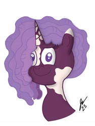 Size: 1620x2160 | Tagged: safe, artist:jesslmc16, violette rainbow, pony, unicorn, g5, bust, colored, colored pupils, comic, digital, digital art, dreadlocks, female, filly, foal, looking at you, mare, portrait, procreate app, purple eyes, simple background, smiling, smiling at you, solo, vitiligo, white background