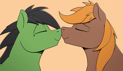 Size: 6135x3564 | Tagged: safe, artist:sefastpone, part of a set, oc, oc:anon stallion, oc:calamity, earth pony, pony, fallout equestria, canon x oc, digital art, eyes closed, gay, looking at each other, looking at someone, male, nose to nose, nuzzling, oc x oc, shipping, simple background, smiling, smiling at each other, stallion
