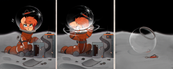 Size: 4480x1788 | Tagged: safe, artist:rexyseven, oc, oc only, oc:rusty gears, earth pony, pony, bubble helmet, cracks, dark comedy, exclamation point, heterochromia, implied death, screwdriver, solo, space, spacesuit, too dumb to live, vacuum
