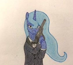 Size: 2048x1830 | Tagged: safe, artist:antnoob, artist:lightsolver, princess luna, g4, bowtie, clothes, colored, female, gun, handgun, looking at you, mare, pistol, simple background, solo, suit, traditional art, tuxedo, weapon, white background