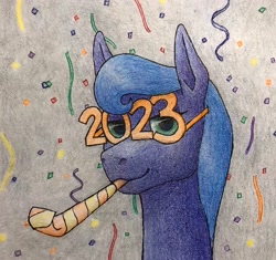 Size: 2048x1928 | Tagged: safe, artist:antnoob, artist:lightsolver, oc, pony, 2023, colored, female, happy new year, holiday, looking at you, mare, missing horn, party horn, solo, traditional art