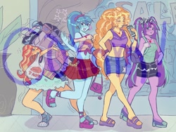 Size: 1400x1050 | Tagged: dead source, safe, artist:dulcesilly, adagio dazzle, aria blaze, sonata dusk, sunset shimmer, human, equestria girls, g4, bag, bracelet, breasts, clothes, converse, drink, drinking straw, ear piercing, earring, female, food, gem, heavy, jewelry, keychain, kirby (series), necklace, obtrusive watermark, piercing, plant, purse, sale, sandals, shaking, shoes, shopping, shopping bag, siren gem, skirt, taco, the dazzlings, watermark