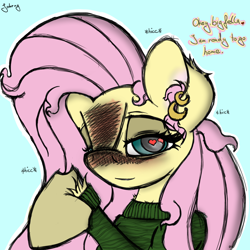 Size: 1480x1480 | Tagged: safe, artist:johrnyreport, part of a set, fluttershy, pegasus, pony, g4, blue background, blushing, blushing profusely, clothes, colored, cyan background, drunk, drunkershy, ear fluff, heart, heart eyes, long sleeved shirt, long sleeves, shirt, simple background, smiling, text, wingding eyes