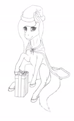 Size: 1261x2048 | Tagged: safe, artist:antnoob, artist:lightsolver, oc, oc only, pony, black and white, cape, christmas, clothes, female, grayscale, hat, holiday, looking at you, mare, monochrome, present, santa hat, simple background, solo, traditional art, white background
