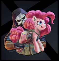 Size: 1480x1535 | Tagged: safe, artist:justgaduh, pinkie pie, earth pony, human, pony, g4, ammunition belt, bone, call of duty, call of duty: ghosts, crossover, cute, diapinkes, duo, earpiece, face paint, female, harness, holding a pony, hood, mare, open mouth, open smile, skeleton, skull, skull mask, smiling