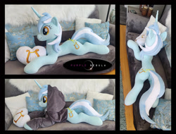 Size: 1280x971 | Tagged: safe, artist:purplenebulastudios, lyra heartstrings, pony, unicorn, g4, clothes, dig the swell hoodie, hoodie, irl, life size, lying down, photo, plushie, prone, solo, sploot