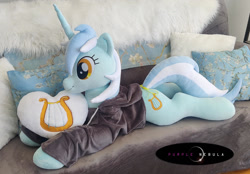 Size: 1280x893 | Tagged: safe, artist:purplenebulastudios, lyra heartstrings, pony, unicorn, g4, clothes, dig the swell hoodie, hoodie, irl, life size, lying down, photo, pillow, plushie, prone, solo, sploot