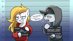 Size: 3840x2160 | Tagged: safe, artist:notfocks, oc, oc only, oc:ap, oc:fox, earth pony, pegasus, pony, annoyed, cigarette, clothes, crime, gradient background, high res, hoodie, looking at you, mugshot, prison, smiling, smirk