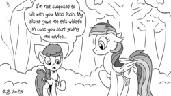 Size: 1200x675 | Tagged: safe, artist:pony-berserker, apple bloom, rainbow dash, earth pony, pegasus, pony, pony-berserker's twitter sketches, pony-berserker's twitter sketches (2023), g4, bush, female, filly, foal, mare, monochrome, ponified, reference, signature, tree, whistle, whistle necklace