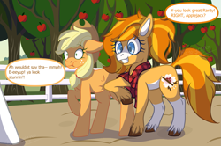 Size: 1581x1049 | Tagged: safe, artist:brybrychan, applejack, oc, earth pony, pony, g4, apple, apple tree, clothes, coat markings, dialogue, duo, eyelashes, female, fence, hat, mare, outdoors, raised hoof, scarf, socks (coat markings), tree, unshorn fetlocks, wide eyes