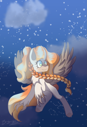 Size: 849x1243 | Tagged: safe, artist:brybrychan, oc, oc only, braid, claws, flying, outdoors, snow, solo, wings