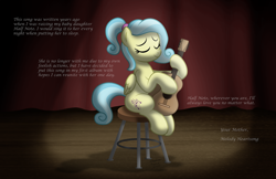 Size: 1600x1036 | Tagged: safe, artist:aleximusprime, oc, oc only, oc:melody heartsong, pegasus, pony, fanfic:oh mother where art thou, flurry heart's story, cozy glow's mother, curtains, eyes closed, female, guitar, mare, musical instrument, pegasus oc, sitting, solo, spotlight, stage, stool, story included, text