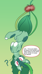 Size: 1096x1920 | Tagged: safe, artist:brybrychan, bulbasaur, pony, eyelashes, female, gradient background, mare, pokémon, ponified, question mark, solo, talking, tentacles, upside down