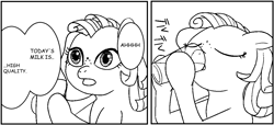 Size: 1165x533 | Tagged: safe, artist:zan logemlor, oc, oc only, oc:milky way, earth pony, pony, 2 panel comic, comic, dialogue, drink, drinking, earth pony oc, eyes closed, female, freckles, glass, grayscale, hoof hold, japanese reading order, mare, milk, monochrome, open mouth, ponified, ponified manga, speech bubble, talking, yotsuba