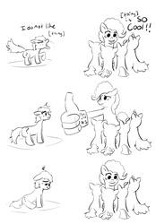 Size: 520x746 | Tagged: safe, artist:zan logemlor, oc, oc:filly anon, earth pony, pony, unicorn, dialogue, earth pony oc, eyes closed, female, filly, floppy ears, foal, grayscale, mare, meme, monochrome, open mouth, ponified meme, sad, scrunchy face, simple background, sitting, talking, thumbs up, white background