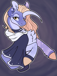 Size: 749x999 | Tagged: safe, artist:raydoodle, oc, oc only, alicorn, pony, bust, chest fluff, choker, cloak, clothes, curved horn, ear fluff, female, horn, mare, smiling, solo