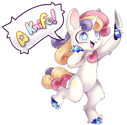 Size: 5256x5189 | Tagged: safe, artist:cutepencilcase, oc, oc only, pony, unicorn, bipedal, cloven hooves, hoof hold, knife, simple background, solo, starry eyes, transparent background, wingding eyes