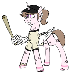 Size: 900x900 | Tagged: safe, artist:fuckomcfuck, oc, oc:wisp, alicorn, pony, alternate universe, baseball bat, baseball cap, bracelet, bruised, cap, clothes, cracked horn, hat, horn, jersey, jewelry, scar, simple background, solo, the trotting dead, torn clothes, transparent background