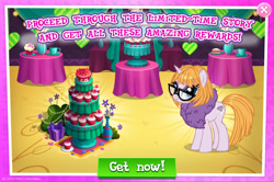 Size: 1964x1305 | Tagged: safe, gameloft, idw, touring wind, pony, unicorn, g4, my little pony: magic princess, advertisement, bush, cake, cupcake, english, flower, food, glasses, horn, idw showified, mobile game, present, table, text, vase