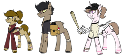 Size: 2000x900 | Tagged: safe, artist:fuckomcfuck, oc, oc:doodles, oc:pog champ, oc:wisp, alicorn, earth pony, pegasus, pony, alternate universe, bag, bags under eyes, bandage, baseball bat, baseball cap, belt, bruised, cap, clothes, cracked horn, hat, height difference, horn, jacket, jersey, knife, no tail, scar, simple background, the trotting dead, torn clothes, torn ear, transparent background, trio