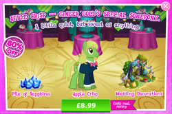 Size: 1964x1301 | Tagged: safe, gameloft, apple crisp, earth pony, pony, g4, my little pony: magic princess, advertisement, apple, barrel, beard, bowtie, clothes, costs real money, english, facial hair, food, hay bale, introduction card, male, mobile game, numbers, pear, sale, solo, stallion, suit, text, tree
