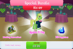 Size: 1270x857 | Tagged: safe, gameloft, apple crisp, earth pony, pony, g4, my little pony: magic princess, apple, barrel, beard, bowtie, bundle, clothes, costs real money, english, facial hair, food, hay bale, male, mobile game, numbers, pear, sale, solo, stallion, suit, text, tree