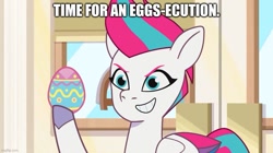 Size: 889x499 | Tagged: safe, edit, edited screencap, screencap, zipp storm, pegasus, pony, g5, my little pony: tell your tale, the hunt for eggmund bunny, spoiler:g5, spoiler:my little pony: tell your tale, spoiler:tyts01e48, caption, easter egg, egg pun, female, image macro, mare, solo, text