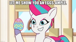 Size: 889x499 | Tagged: safe, edit, edited screencap, screencap, zipp storm, pegasus, pony, g5, my little pony: tell your tale, the hunt for eggmund bunny, spoiler:g5, spoiler:my little pony: tell your tale, spoiler:tyts01e48, caption, easter egg, egg pun, female, image macro, mare, solo, text