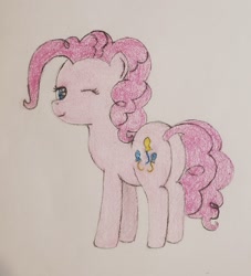 Size: 2081x2291 | Tagged: safe, artist:ceffyl-dŵr, pinkie pie, earth pony, pony, g4, butt, crayon drawing, high res, one eye closed, plot, solo, traditional art, wink